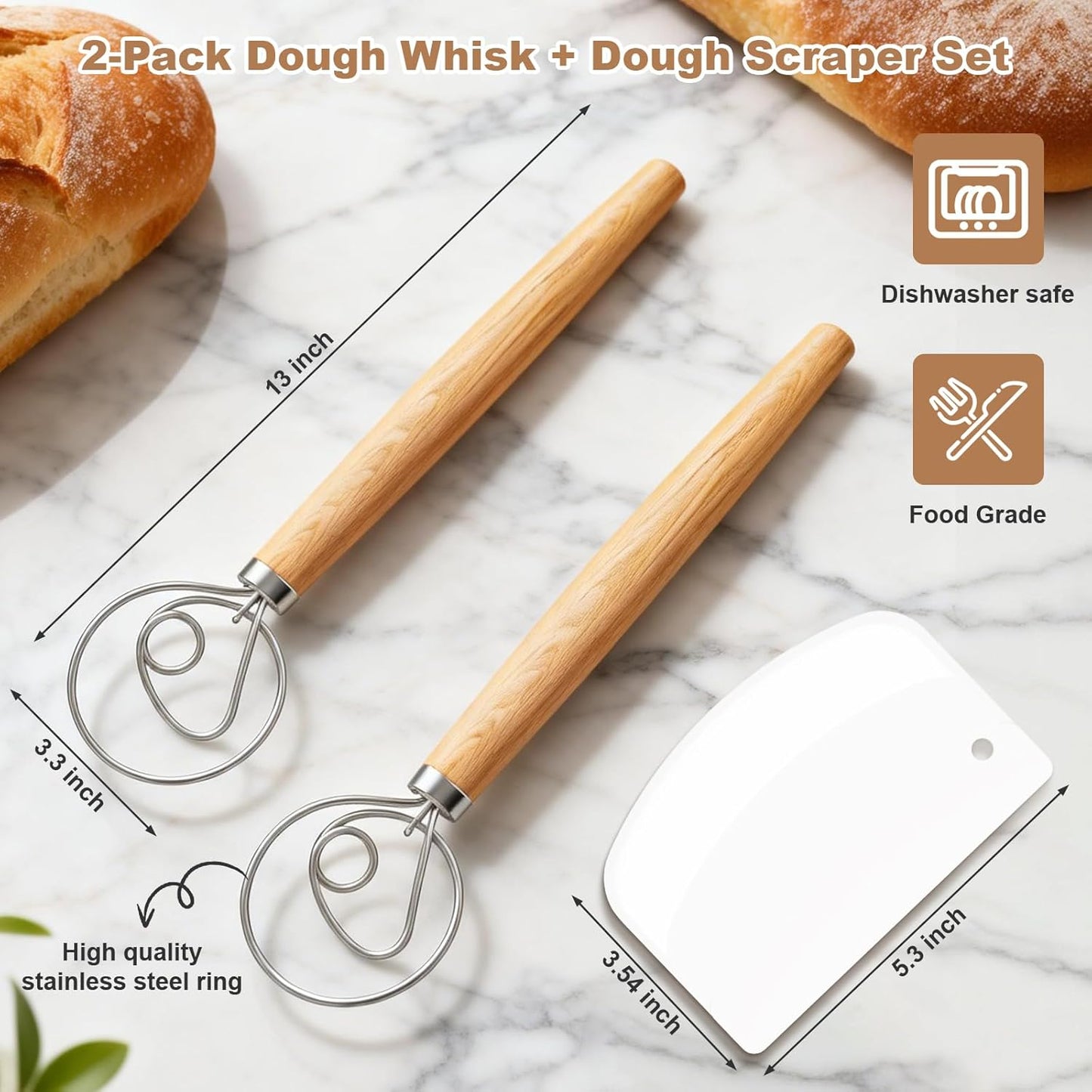 2‑Pack 13‑Inch Danish Dough Whisk, Bread Whisk with Dough Scraper | Sourdough Whisk Set with Dough Scraper, Ideal for Sourdough, Pizza Dough & Pastry, Ergonomic Wood Handle for Home Baking