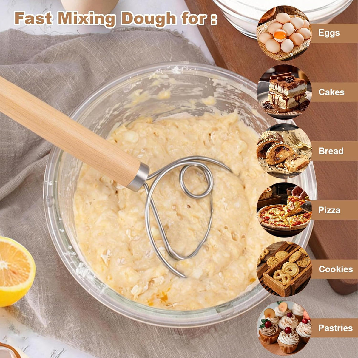 2‑Pack 13‑Inch Danish Dough Whisk, Bread Whisk with Dough Scraper | Sourdough Whisk Set with Dough Scraper, Ideal for Sourdough, Pizza Dough & Pastry, Ergonomic Wood Handle for Home Baking