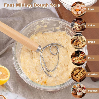 2‑Pack 13‑Inch Danish Dough Whisk, Bread Whisk with Dough Scraper | Sourdough Whisk Set with Dough Scraper, Ideal for Sourdough, Pizza Dough & Pastry, Ergonomic Wood Handle for Home Baking