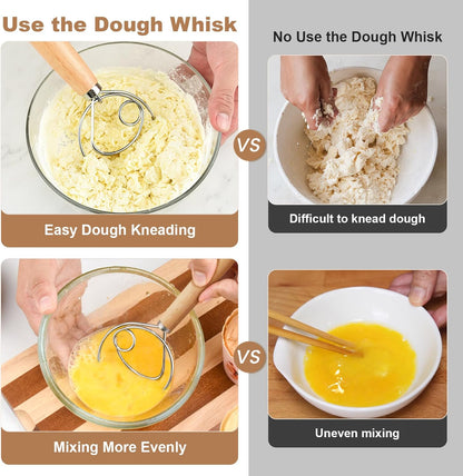 2‑Pack 13‑Inch Danish Dough Whisk, Bread Whisk with Dough Scraper | Sourdough Whisk Set with Dough Scraper, Ideal for Sourdough, Pizza Dough & Pastry, Ergonomic Wood Handle for Home Baking