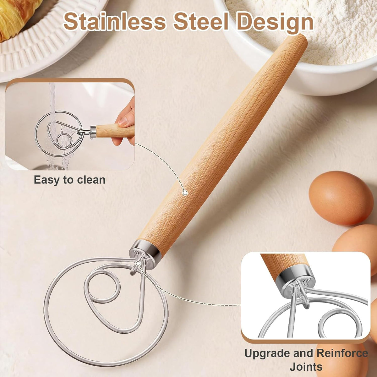 2‑Pack 13‑Inch Danish Dough Whisk, Bread Whisk with Dough Scraper | Sourdough Whisk Set with Dough Scraper, Ideal for Sourdough, Pizza Dough & Pastry, Ergonomic Wood Handle for Home Baking