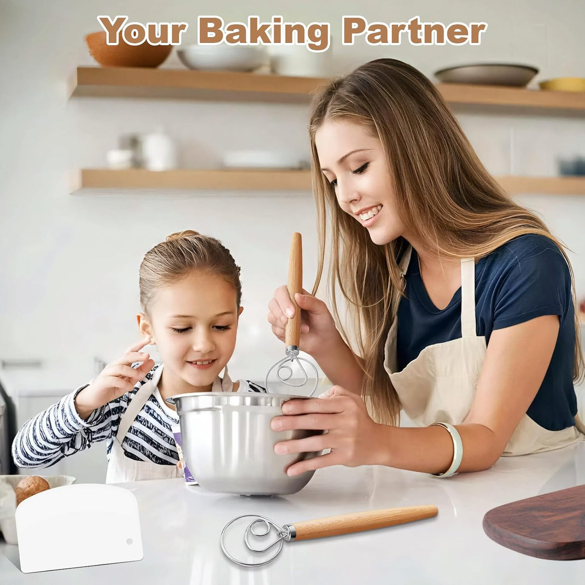 2‑Pack 13‑Inch Danish Dough Whisk, Bread Whisk with Dough Scraper | Sourdough Whisk Set with Dough Scraper, Ideal for Sourdough, Pizza Dough & Pastry, Ergonomic Wood Handle for Home Baking