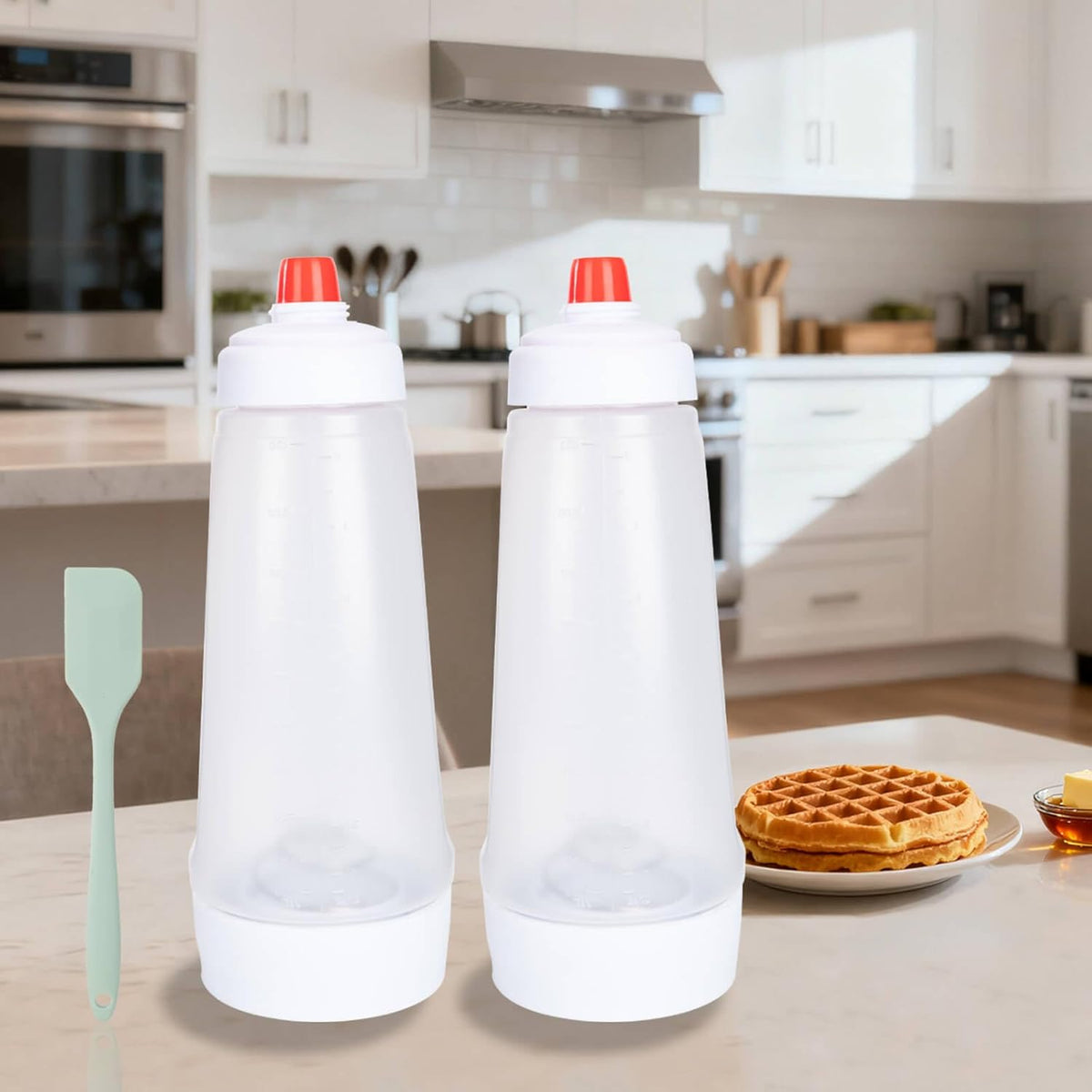 Pancake Batter Dispenser with Mixing Ball and Silicone Spatula Pancake Squeeze Bottle Mixer Batter Dispenser Bottle for Pajncakes, Crepes, Waffle, Muffins, Cupcakes, and more 2Pcs