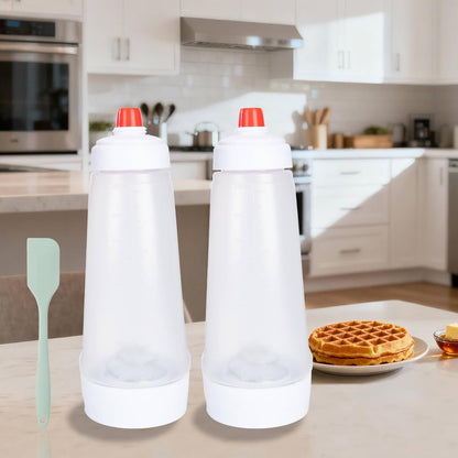 Pancake Batter Dispenser with Mixing Ball and Silicone Spatula Pancake Squeeze Bottle Mixer Batter Dispenser Bottle for Pajncakes, Crepes, Waffle, Muffins, Cupcakes, and more 2Pcs