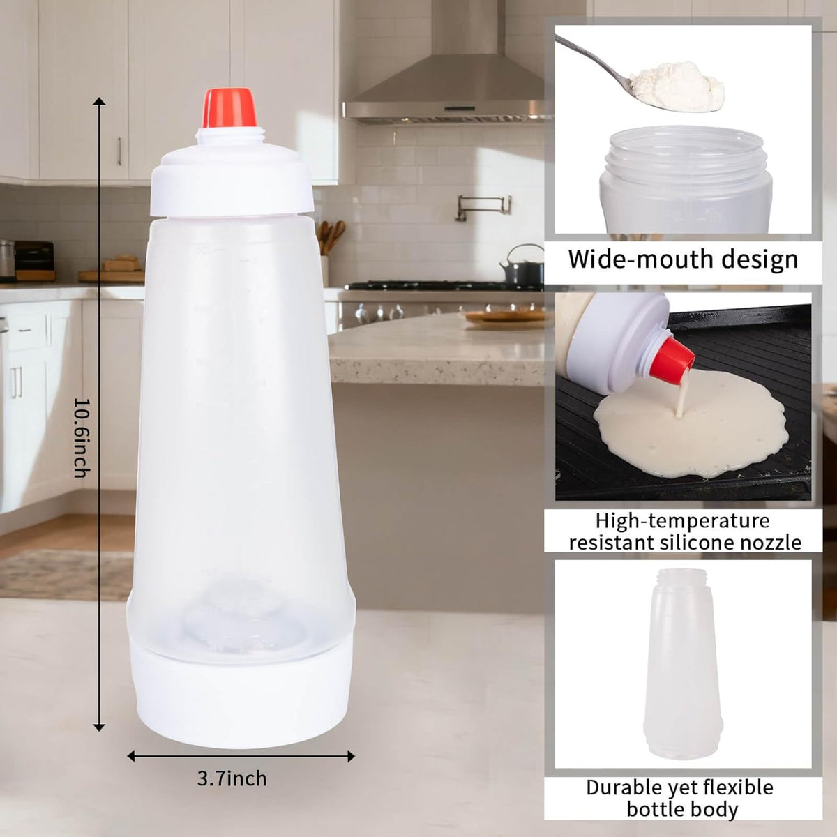Pancake Batter Dispenser with Mixing Ball and Silicone Spatula Pancake Squeeze Bottle Mixer Batter Dispenser Bottle for Pajncakes, Crepes, Waffle, Muffins, Cupcakes, and more 2Pcs