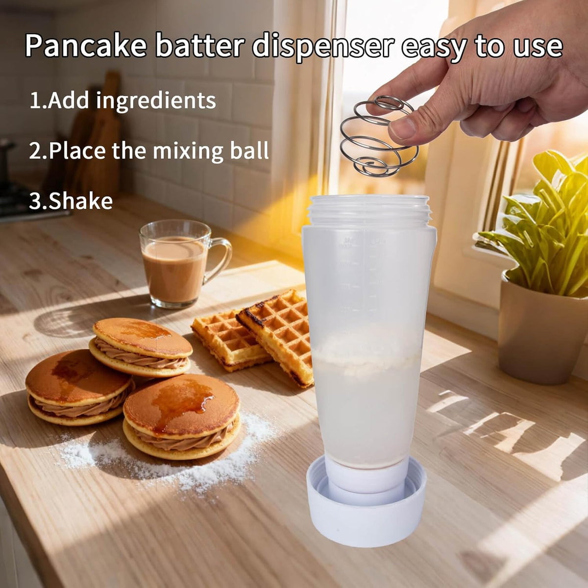 Pancake Batter Dispenser with Mixing Ball and Silicone Spatula Pancake Squeeze Bottle Mixer Batter Dispenser Bottle for Pajncakes, Crepes, Waffle, Muffins, Cupcakes, and more 2Pcs