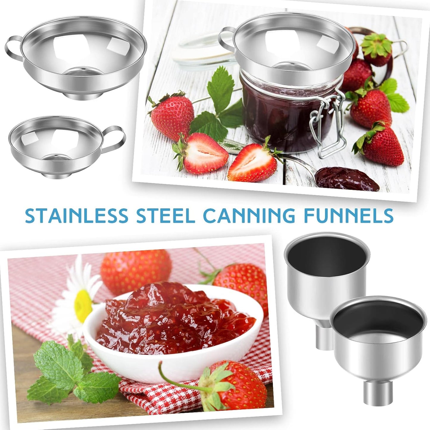 12 Pcs Metal Canning Funnels Set Wide Mouth Mason Jar Funnels for Filling Stainless Steel Kitchen Filter with Strainer Mesh Filter Brushes and Adhesive Hooks, Silver