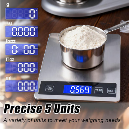 Food Kitchen Scale, 33lb Food Scale Precisely Measures Grams and Ounces for Baking and Cooking, 304 Stainless Steel Kitchen Scale for Food with LCD Display, Batteries Included