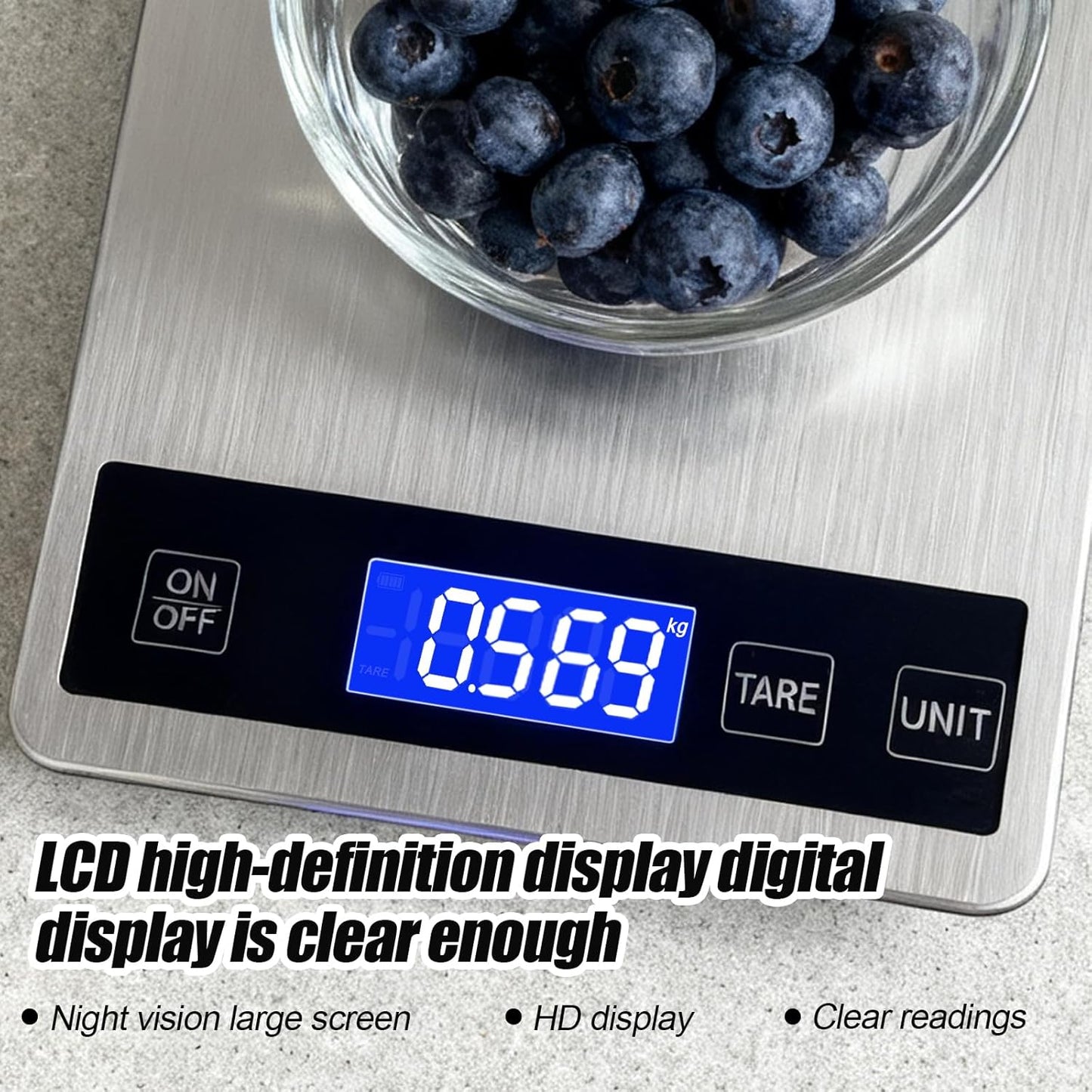 Food Kitchen Scale, 33lb Food Scale Precisely Measures Grams and Ounces for Baking and Cooking, 304 Stainless Steel Kitchen Scale for Food with LCD Display, Batteries Included