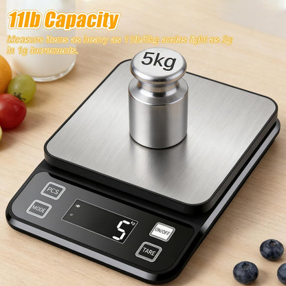 Food Kitchen Scale, 33lb Food Scale Precisely Measures Grams and Ounces for Baking and Cooking, 304 Stainless Steel Kitchen Scale for Food with LCD Display, Batteries Included