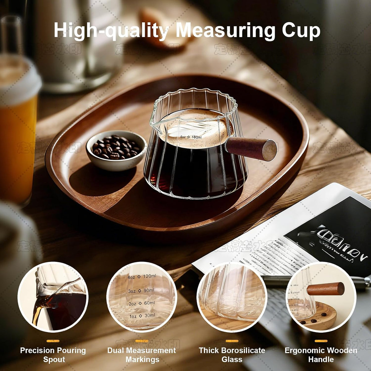 Espresso Cups with Wood Handle, 6 Oz Glass Espresso Measuring Cup