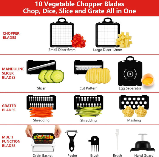 Professional Compact Vegetable Chopper, Veggie Chopper, Chopper Vegetable Cutter, Veggie Chopper with Container, Mandoline Slicer Dicer 9 Inserts