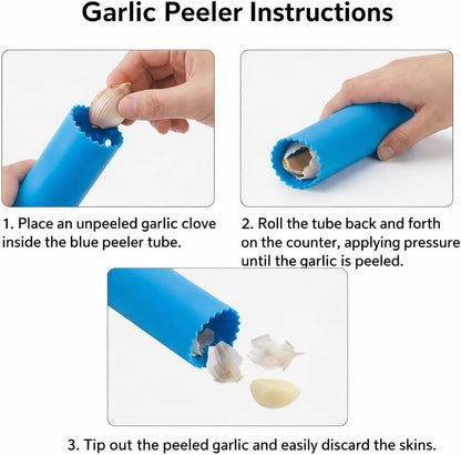 Silicone Garlic Peeler Tube Roller with Brush, 2-in-1 Kitchen Gadget Set, Measuring Spoon with Cleaning Brush (5ml & 3ml) and Silicone Garlic Peeler, Easy-Clean Kitchen Utensils with Hanging Loops