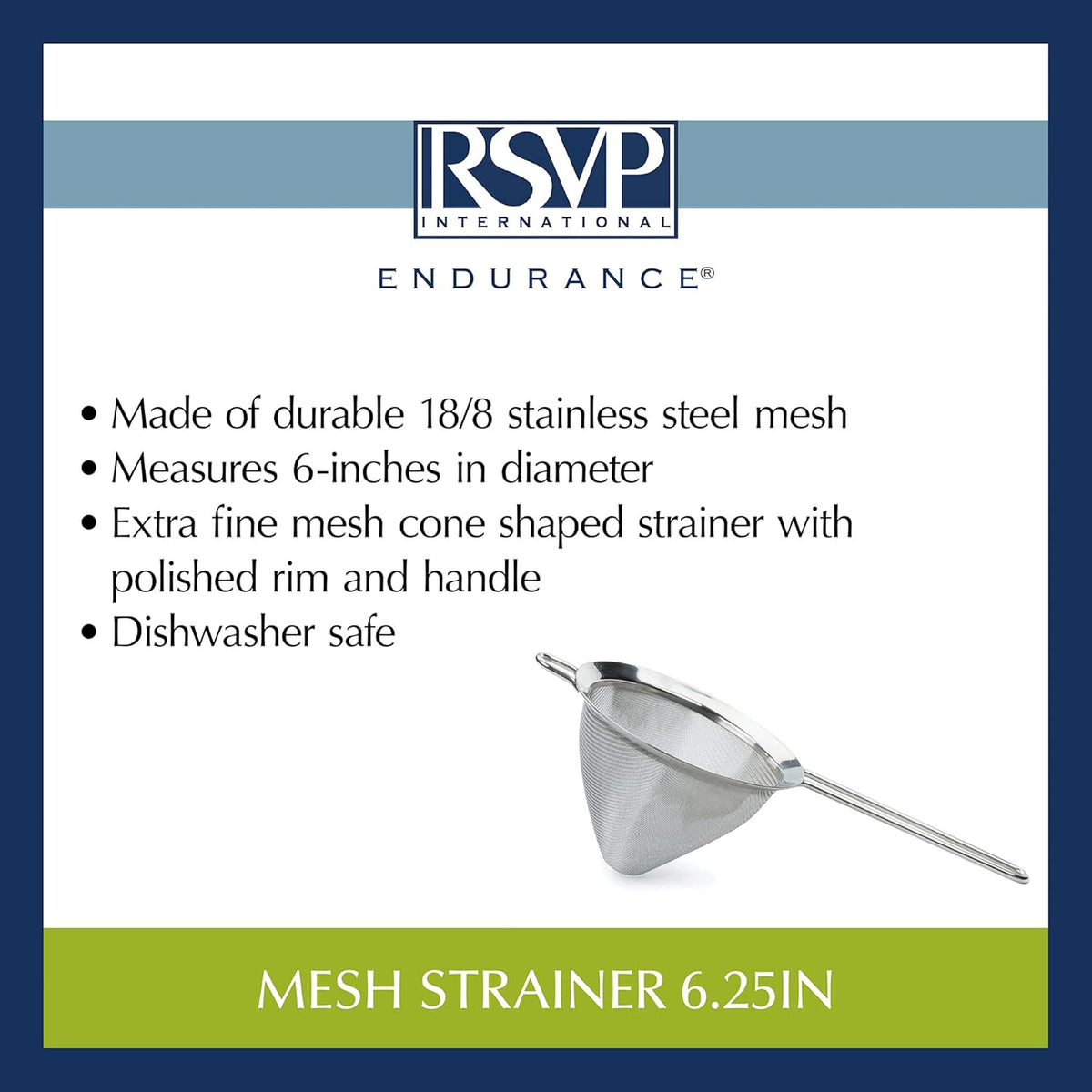 Endurance Kitchen Collection, Stainless Steel Fine Mesh Conical Sieve/Colander, Multi-Purpose for Cooking, Baking, Loose Leaf Tea, Bar Strainer Cocktails, 6.25-Inch