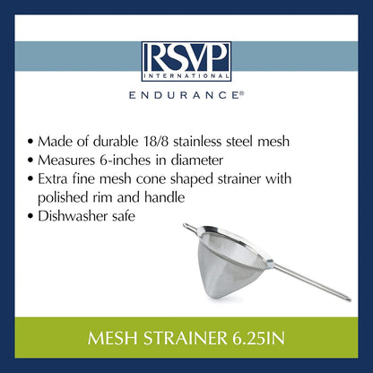 Endurance Kitchen Collection, Stainless Steel Fine Mesh Conical Sieve/Colander, Multi-Purpose for Cooking, Baking, Loose Leaf Tea, Bar Strainer Cocktails, 6.25-Inch