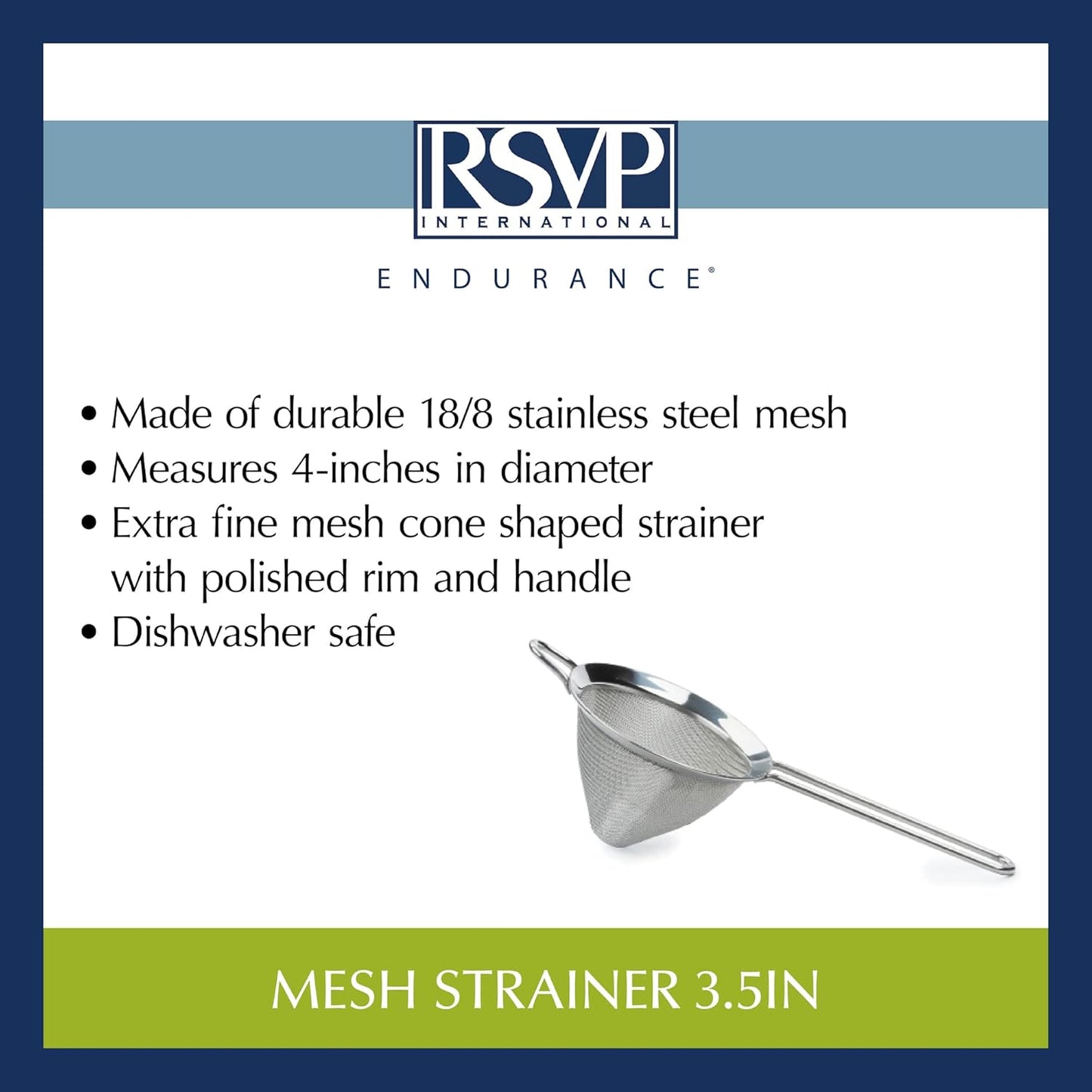 Endurance Kitchen Collection, Stainless Steel Fine Mesh Conical Sieve/Colander, Multi-Purpose for Cooking, Baking, Loose Leaf Tea, Bar Strainer Cocktails, 6.25-Inch
