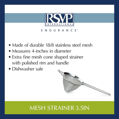 Endurance Kitchen Collection, Stainless Steel Fine Mesh Conical Sieve/Colander, Multi-Purpose for Cooking, Baking, Loose Leaf Tea, Bar Strainer Cocktails, 6.25-Inch