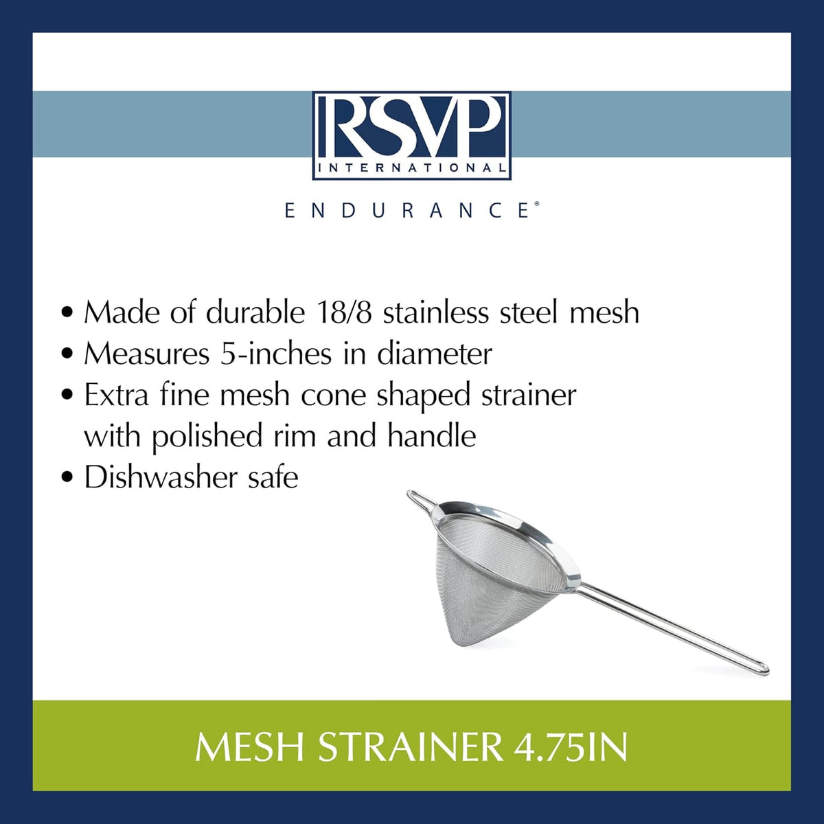 Endurance Kitchen Collection, Stainless Steel Fine Mesh Conical Sieve/Colander, Multi-Purpose for Cooking, Baking, Loose Leaf Tea, Bar Strainer Cocktails, 6.25-Inch