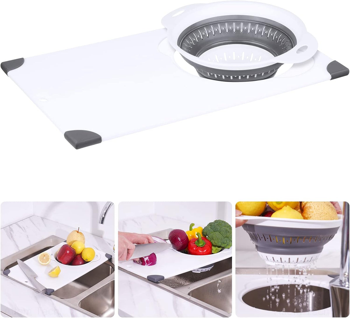Over Sink Cutting Board with Collapsible Colander,Non-Slip 11x17.7in