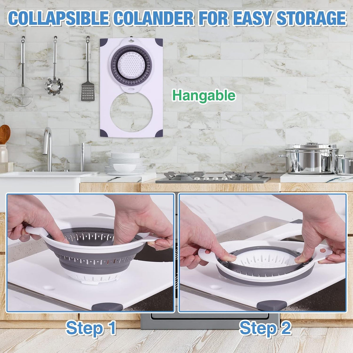 Over Sink Cutting Board with Collapsible Colander,Non-Slip 11x17.7in