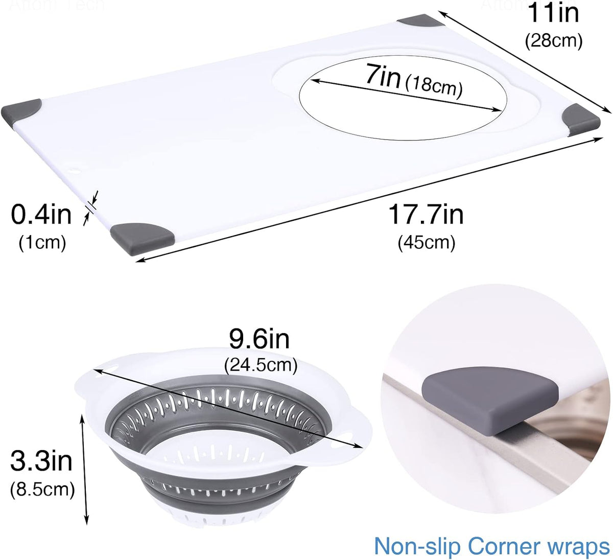 Over Sink Cutting Board with Collapsible Colander,Non-Slip 11x17.7in