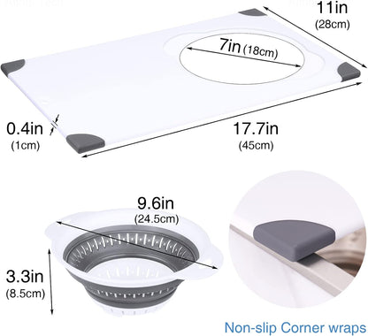 Over Sink Cutting Board with Collapsible Colander,Non-Slip 11x17.7in