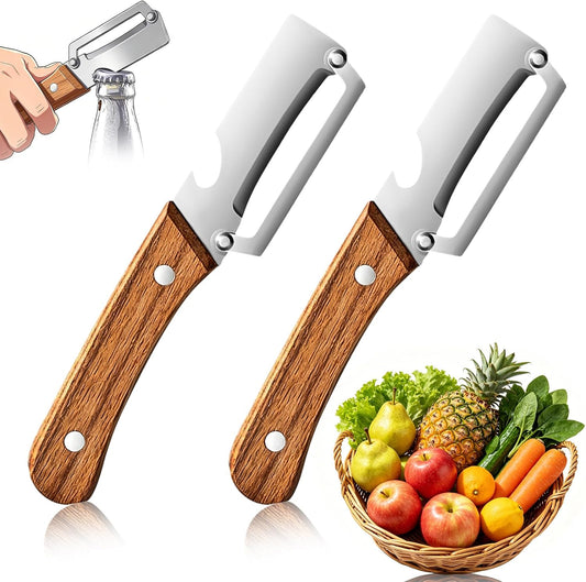 2 Pack Multi-Functional Vegetable Peeler with Ultra-Sharp Stainless Steel Blade, Ergonomic Wooden Handle, Built-in Bottle Opener, Ideal for Fruits, Potatoes, Carrots & More - Essential Gift Set