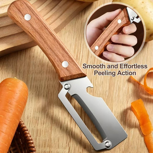 2 Pack Multi-Functional Vegetable Peeler with Ultra-Sharp Stainless Steel Blade, Ergonomic Wooden Handle, Built-in Bottle Opener, Ideal for Fruits, Potatoes, Carrots & More - Essential Gift Set