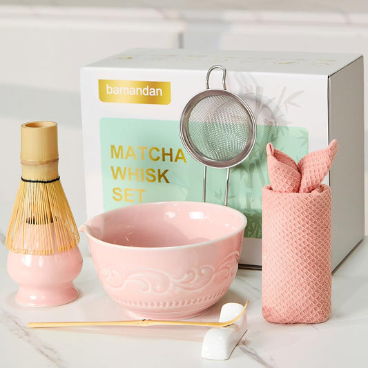 7-Pcs Pink Matcha Whisk Set, Japanese Ceremony Matcha Kit Includes Bowl With Spout, 100% Natural Bamboo Whisk and Holder, Scoop, Scoop Rest, Strainer and Tea Towel - Ideal Gift Christmas, Birthday