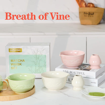 7-Pcs Pink Matcha Whisk Set, Japanese Ceremony Matcha Kit Includes Bowl With Spout, 100% Natural Bamboo Whisk and Holder, Scoop, Scoop Rest, Strainer and Tea Towel - Ideal Gift Christmas, Birthday