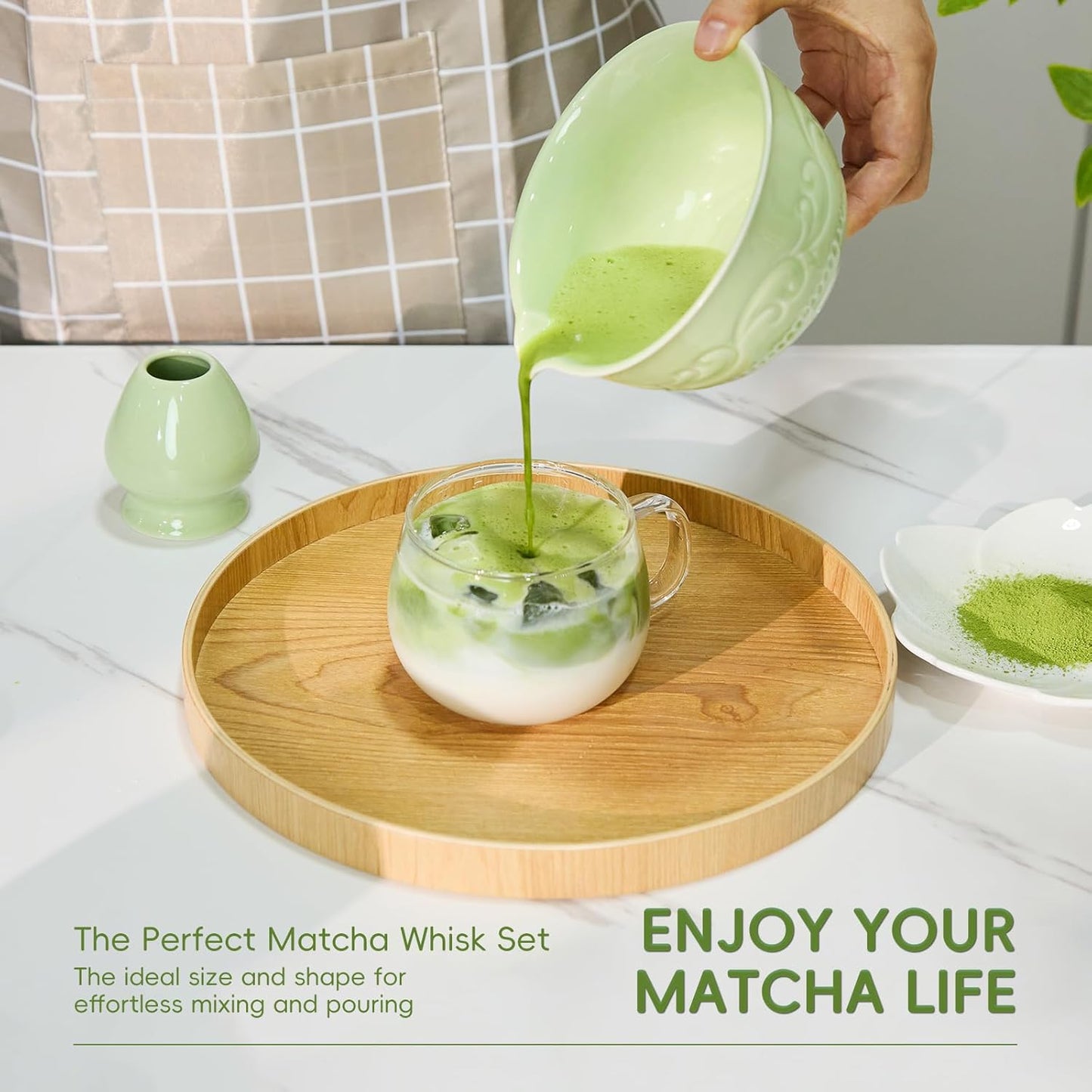 7-Pcs Pink Matcha Whisk Set, Japanese Ceremony Matcha Kit Includes Bowl With Spout, 100% Natural Bamboo Whisk and Holder, Scoop, Scoop Rest, Strainer and Tea Towel - Ideal Gift Christmas, Birthday