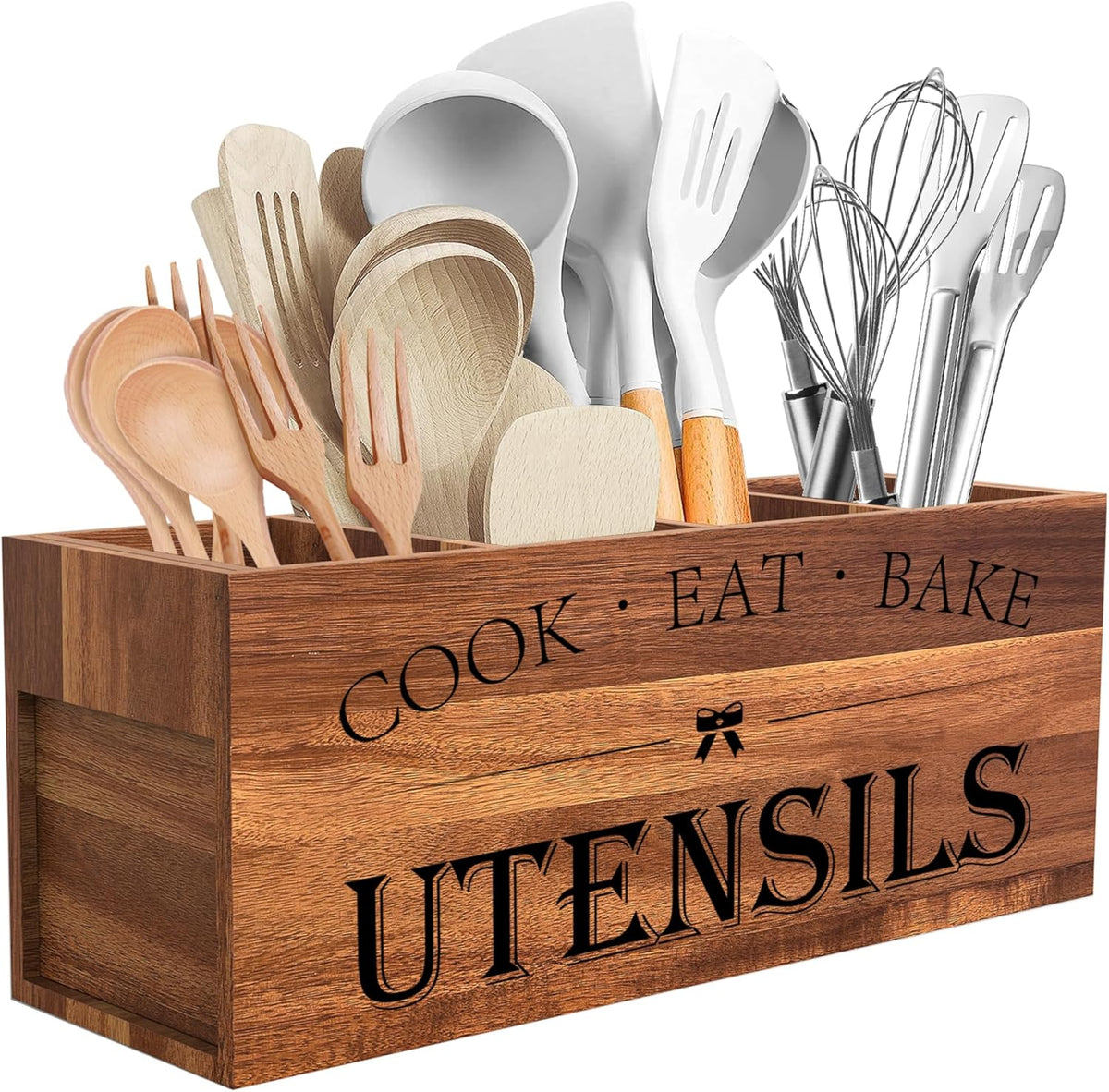 Extra Large Utensil Holder Countertop for Kitchen Counter,Acacia Wood | Hold 40 Utensils,4 Removable Divider,Rutic Silverware Organizer Caddy,Spacesaving,Farmhouse Cooking Crock for Spatula,Spoon