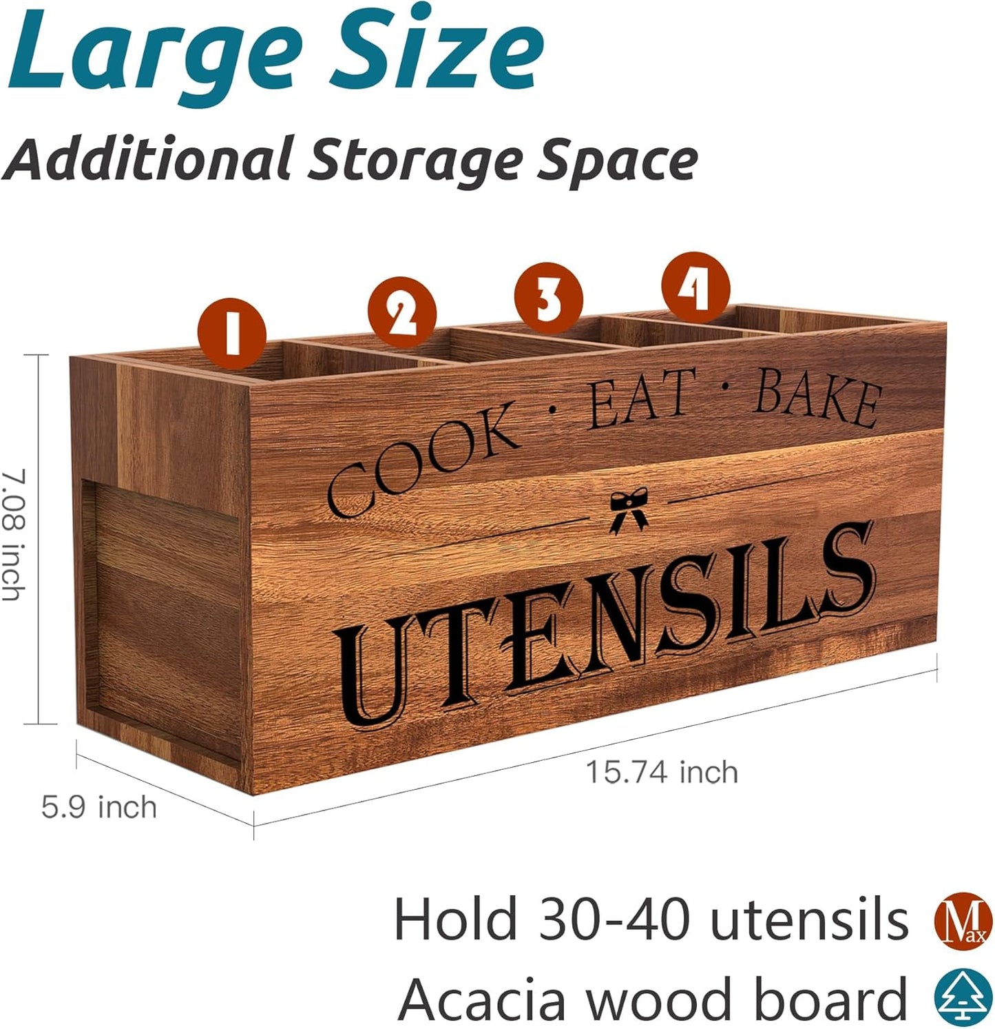 Extra Large Utensil Holder Countertop for Kitchen Counter,Acacia Wood | Hold 40 Utensils,4 Removable Divider,Rutic Silverware Organizer Caddy,Spacesaving,Farmhouse Cooking Crock for Spatula,Spoon