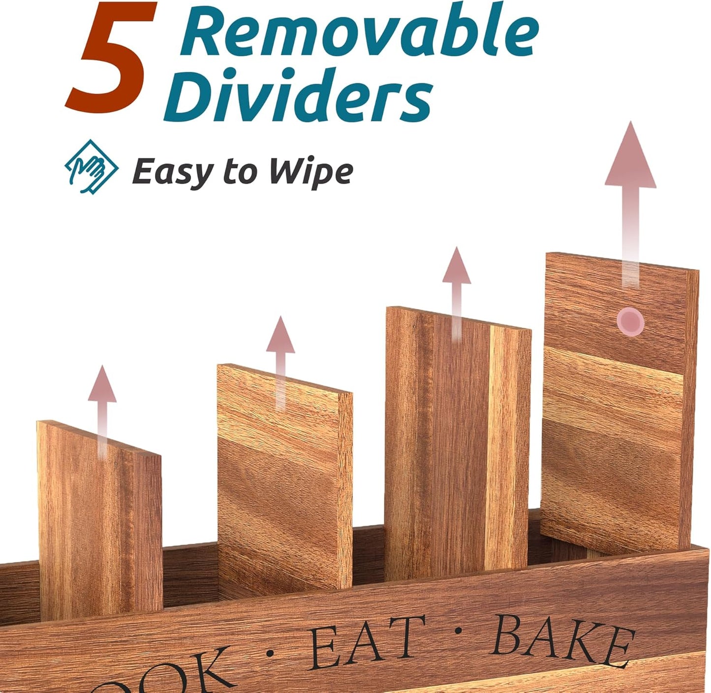 Extra Large Utensil Holder Countertop for Kitchen Counter,Acacia Wood | Hold 40 Utensils,4 Removable Divider,Rutic Silverware Organizer Caddy,Spacesaving,Farmhouse Cooking Crock for Spatula,Spoon
