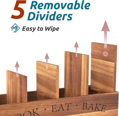 Extra Large Utensil Holder Countertop for Kitchen Counter,Acacia Wood | Hold 40 Utensils,4 Removable Divider,Rutic Silverware Organizer Caddy,Spacesaving,Farmhouse Cooking Crock for Spatula,Spoon