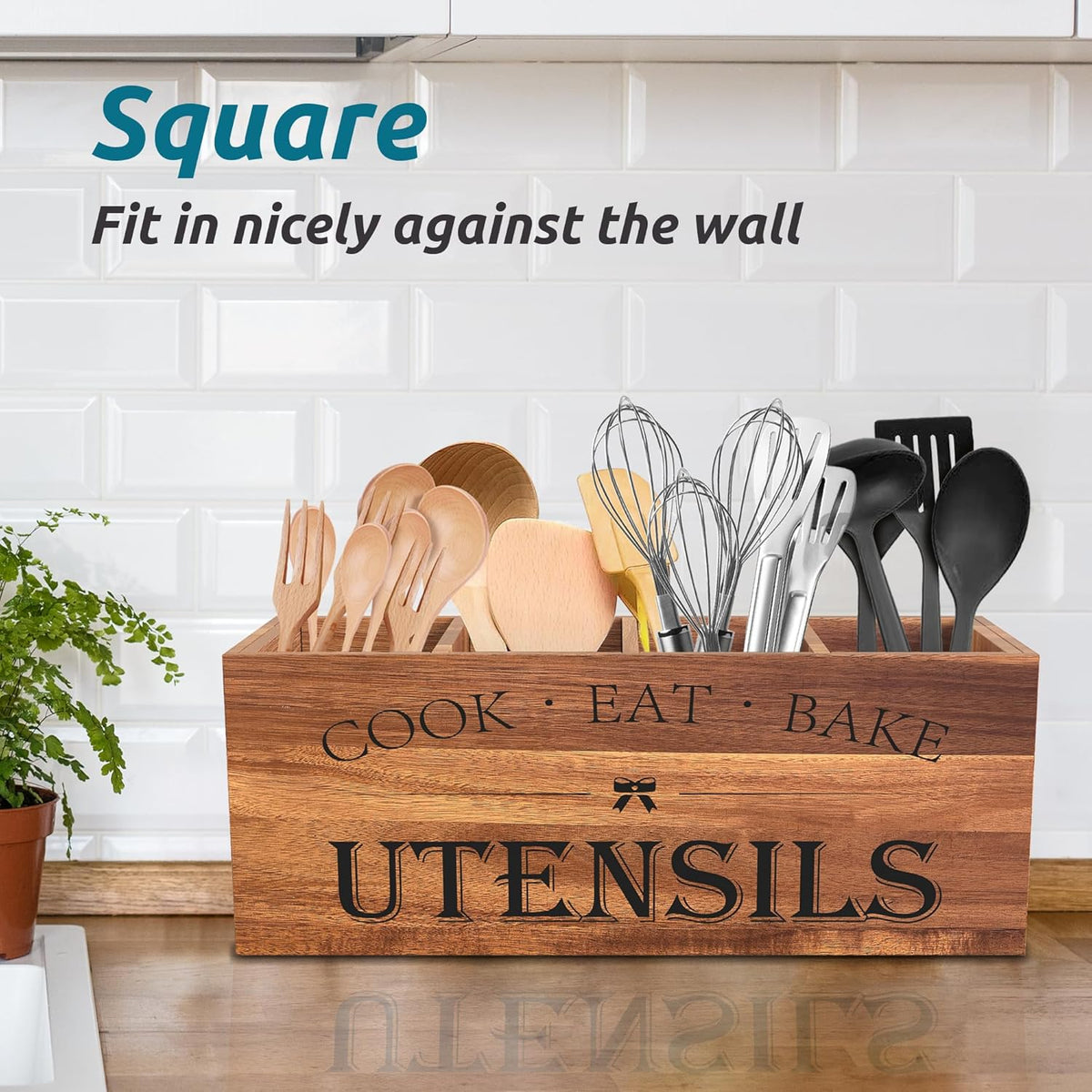 Extra Large Utensil Holder Countertop for Kitchen Counter,Acacia Wood | Hold 40 Utensils,4 Removable Divider,Rutic Silverware Organizer Caddy,Spacesaving,Farmhouse Cooking Crock for Spatula,Spoon