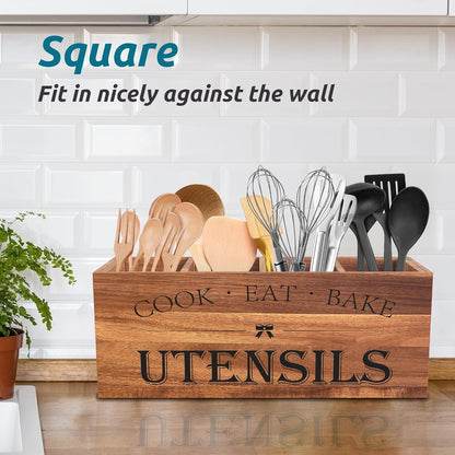 Extra Large Utensil Holder Countertop for Kitchen Counter,Acacia Wood | Hold 40 Utensils,4 Removable Divider,Rutic Silverware Organizer Caddy,Spacesaving,Farmhouse Cooking Crock for Spatula,Spoon