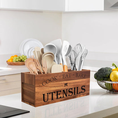 Extra Large Utensil Holder Countertop for Kitchen Counter,Acacia Wood | Hold 40 Utensils,4 Removable Divider,Rutic Silverware Organizer Caddy,Spacesaving,Farmhouse Cooking Crock for Spatula,Spoon