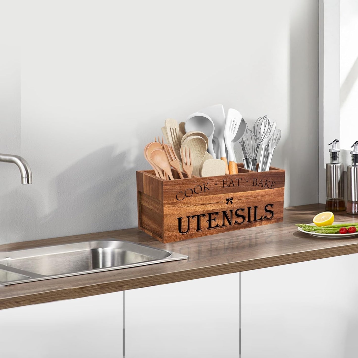 Extra Large Utensil Holder Countertop for Kitchen Counter,Acacia Wood | Hold 40 Utensils,4 Removable Divider,Rutic Silverware Organizer Caddy,Spacesaving,Farmhouse Cooking Crock for Spatula,Spoon