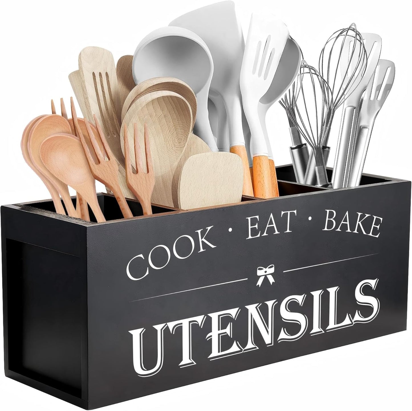 Extra Large Utensil Holder Countertop for Kitchen Counter,Acacia Wood | Hold 40 Utensils,4 Removable Divider,Rutic Silverware Organizer Caddy,Spacesaving,Farmhouse Cooking Crock for Spatula,Spoon