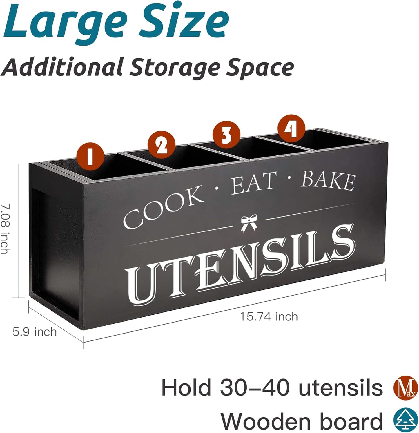Extra Large Utensil Holder Countertop for Kitchen Counter,Acacia Wood | Hold 40 Utensils,4 Removable Divider,Rutic Silverware Organizer Caddy,Spacesaving,Farmhouse Cooking Crock for Spatula,Spoon