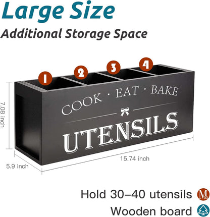 Extra Large Utensil Holder Countertop for Kitchen Counter,Acacia Wood | Hold 40 Utensils,4 Removable Divider,Rutic Silverware Organizer Caddy,Spacesaving,Farmhouse Cooking Crock for Spatula,Spoon