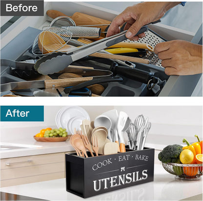 Extra Large Utensil Holder Countertop for Kitchen Counter,Acacia Wood | Hold 40 Utensils,4 Removable Divider,Rutic Silverware Organizer Caddy,Spacesaving,Farmhouse Cooking Crock for Spatula,Spoon