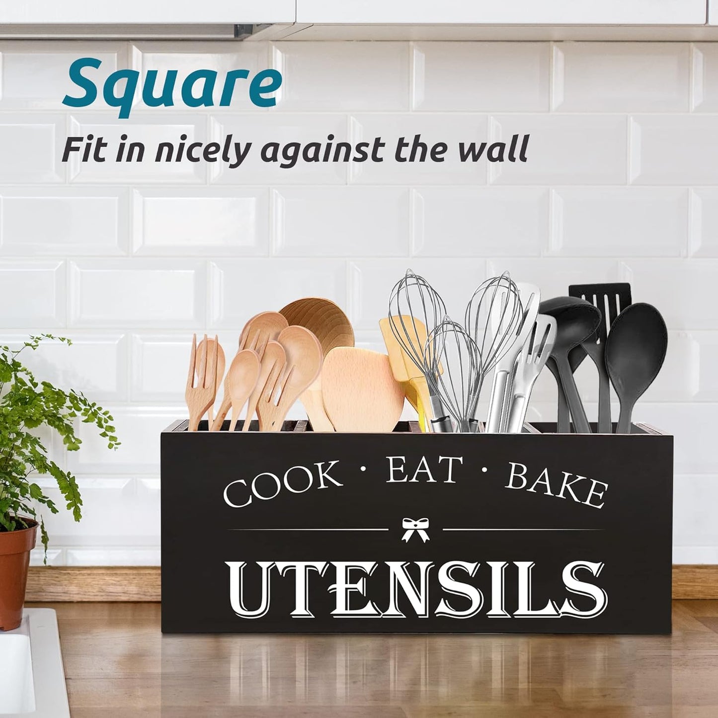 Extra Large Utensil Holder Countertop for Kitchen Counter,Acacia Wood | Hold 40 Utensils,4 Removable Divider,Rutic Silverware Organizer Caddy,Spacesaving,Farmhouse Cooking Crock for Spatula,Spoon