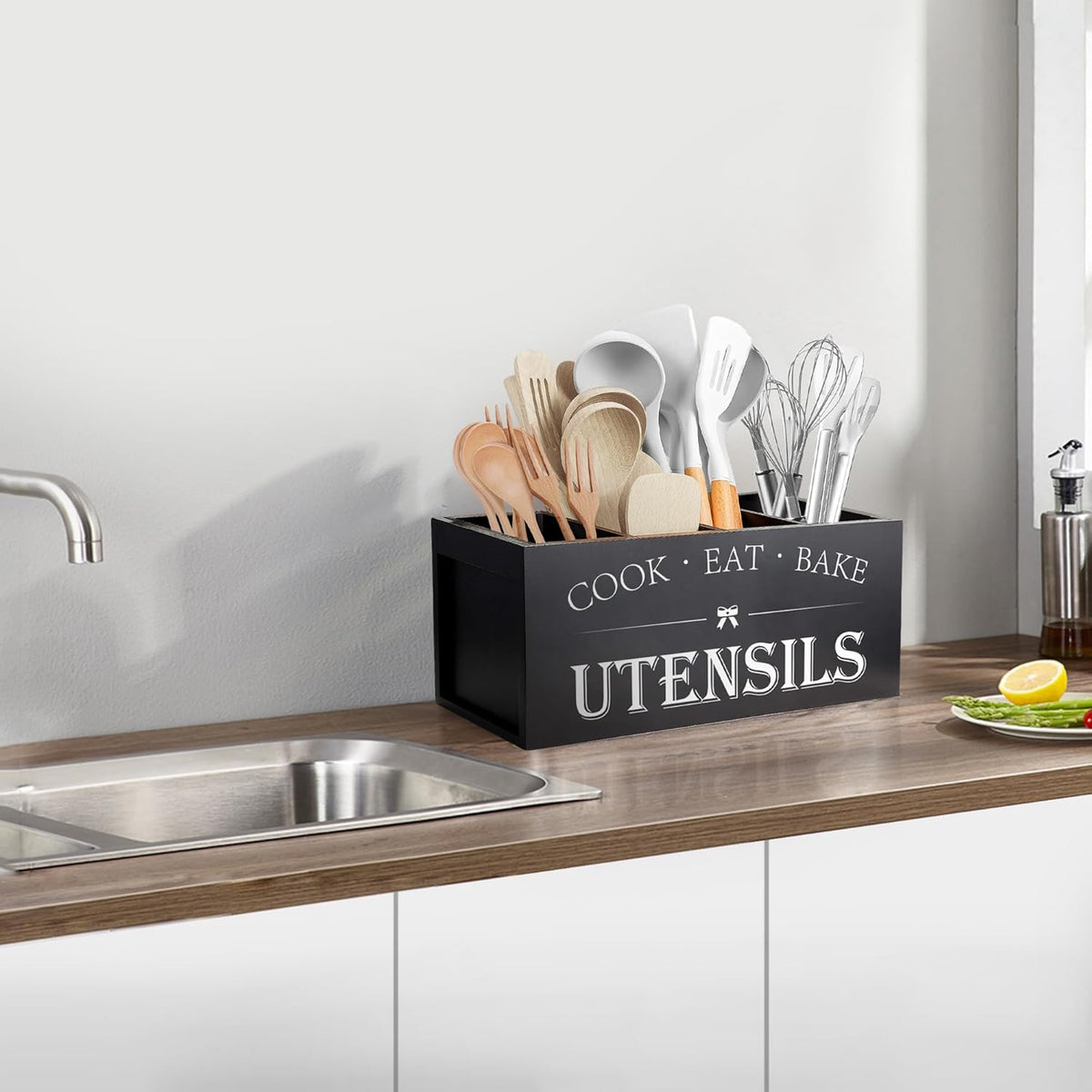 Extra Large Utensil Holder Countertop for Kitchen Counter,Acacia Wood | Hold 40 Utensils,4 Removable Divider,Rutic Silverware Organizer Caddy,Spacesaving,Farmhouse Cooking Crock for Spatula,Spoon