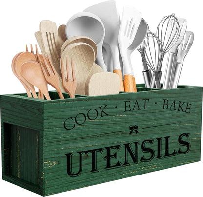 Extra Large Utensil Holder Countertop for Kitchen Counter,Acacia Wood | Hold 40 Utensils,4 Removable Divider,Rutic Silverware Organizer Caddy,Spacesaving,Farmhouse Cooking Crock for Spatula,Spoon
