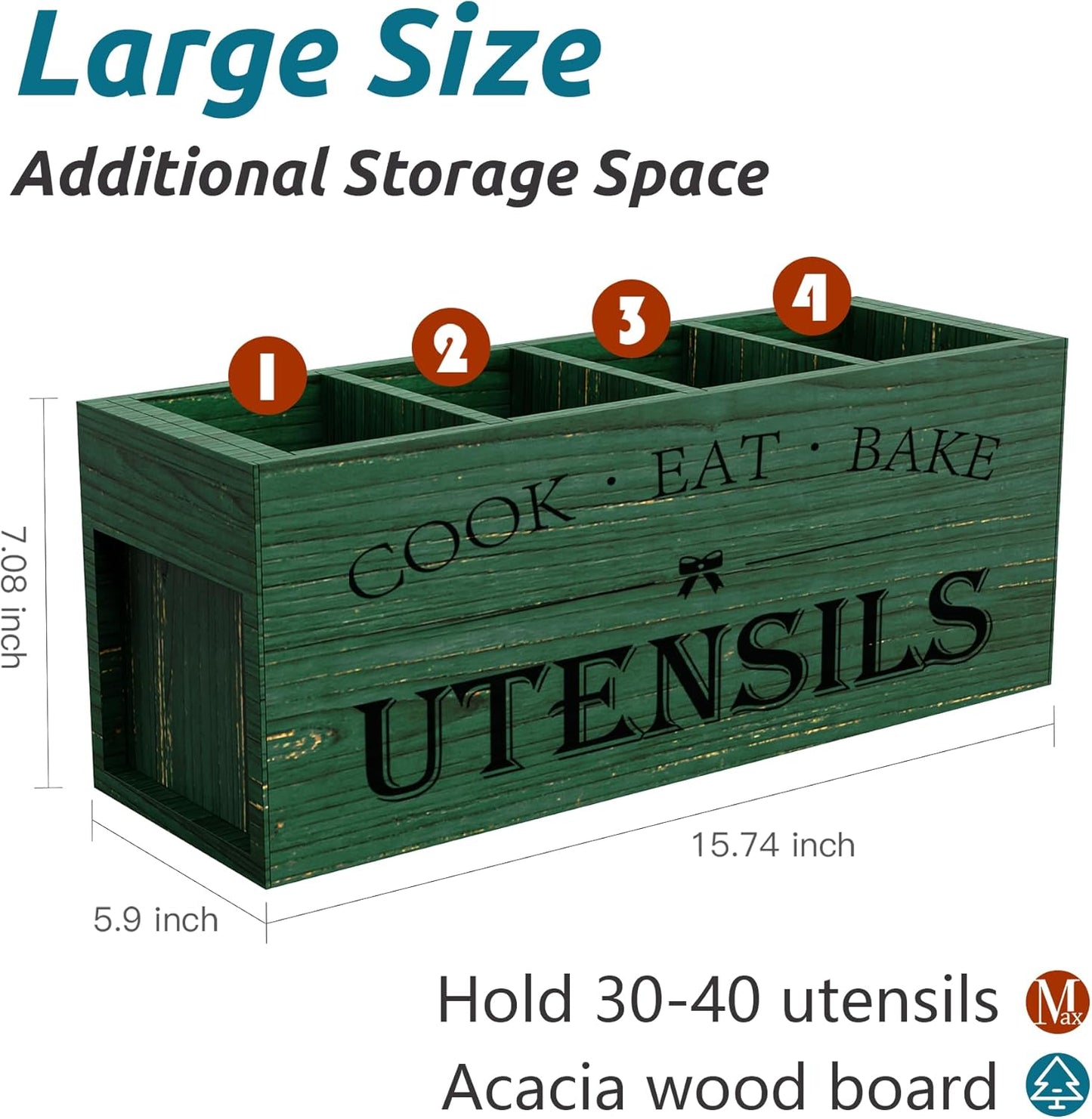 Extra Large Utensil Holder Countertop for Kitchen Counter,Acacia Wood | Hold 40 Utensils,4 Removable Divider,Rutic Silverware Organizer Caddy,Spacesaving,Farmhouse Cooking Crock for Spatula,Spoon