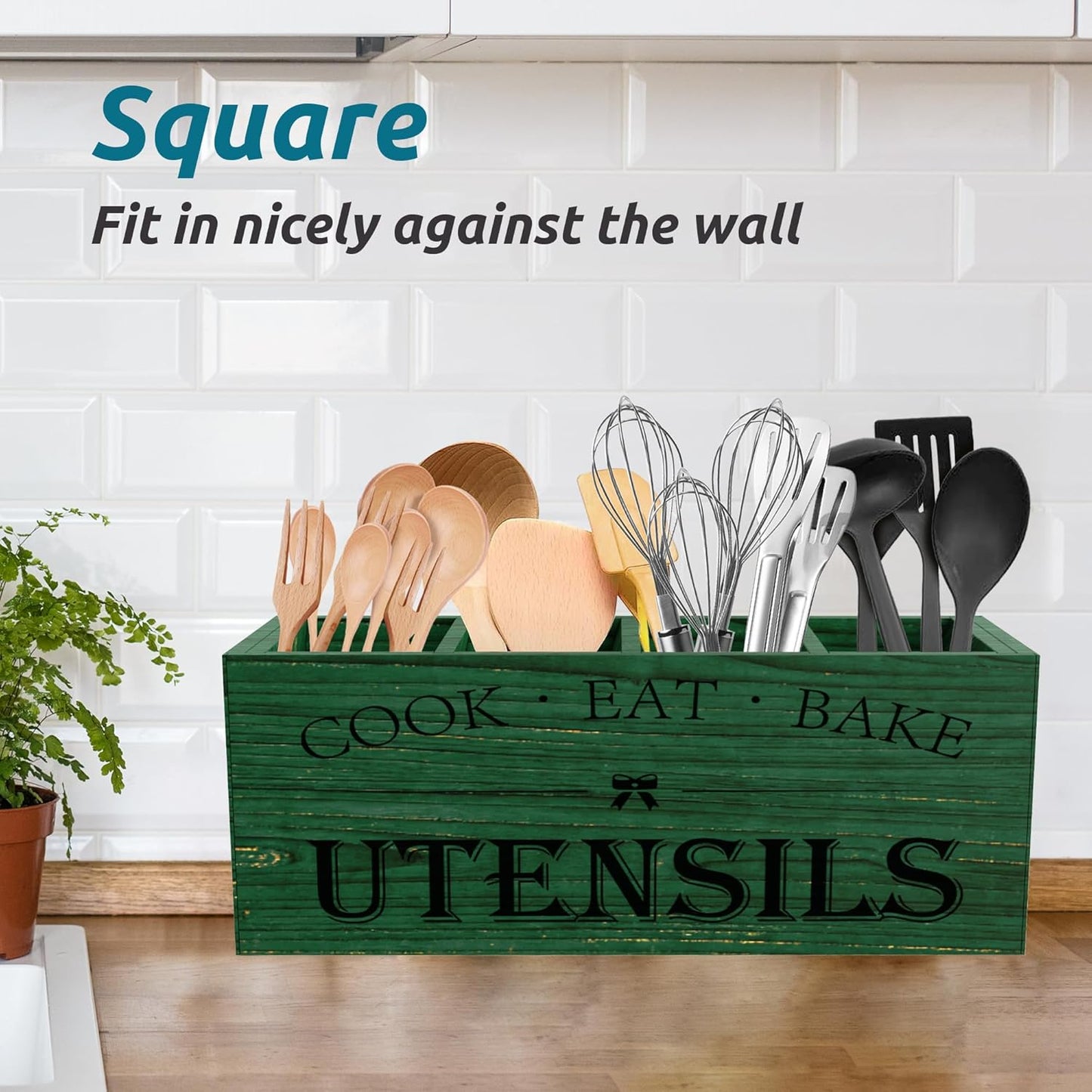 Extra Large Utensil Holder Countertop for Kitchen Counter,Acacia Wood | Hold 40 Utensils,4 Removable Divider,Rutic Silverware Organizer Caddy,Spacesaving,Farmhouse Cooking Crock for Spatula,Spoon