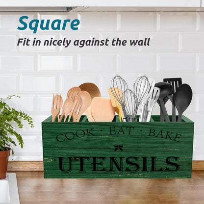 Extra Large Utensil Holder Countertop for Kitchen Counter,Acacia Wood | Hold 40 Utensils,4 Removable Divider,Rutic Silverware Organizer Caddy,Spacesaving,Farmhouse Cooking Crock for Spatula,Spoon