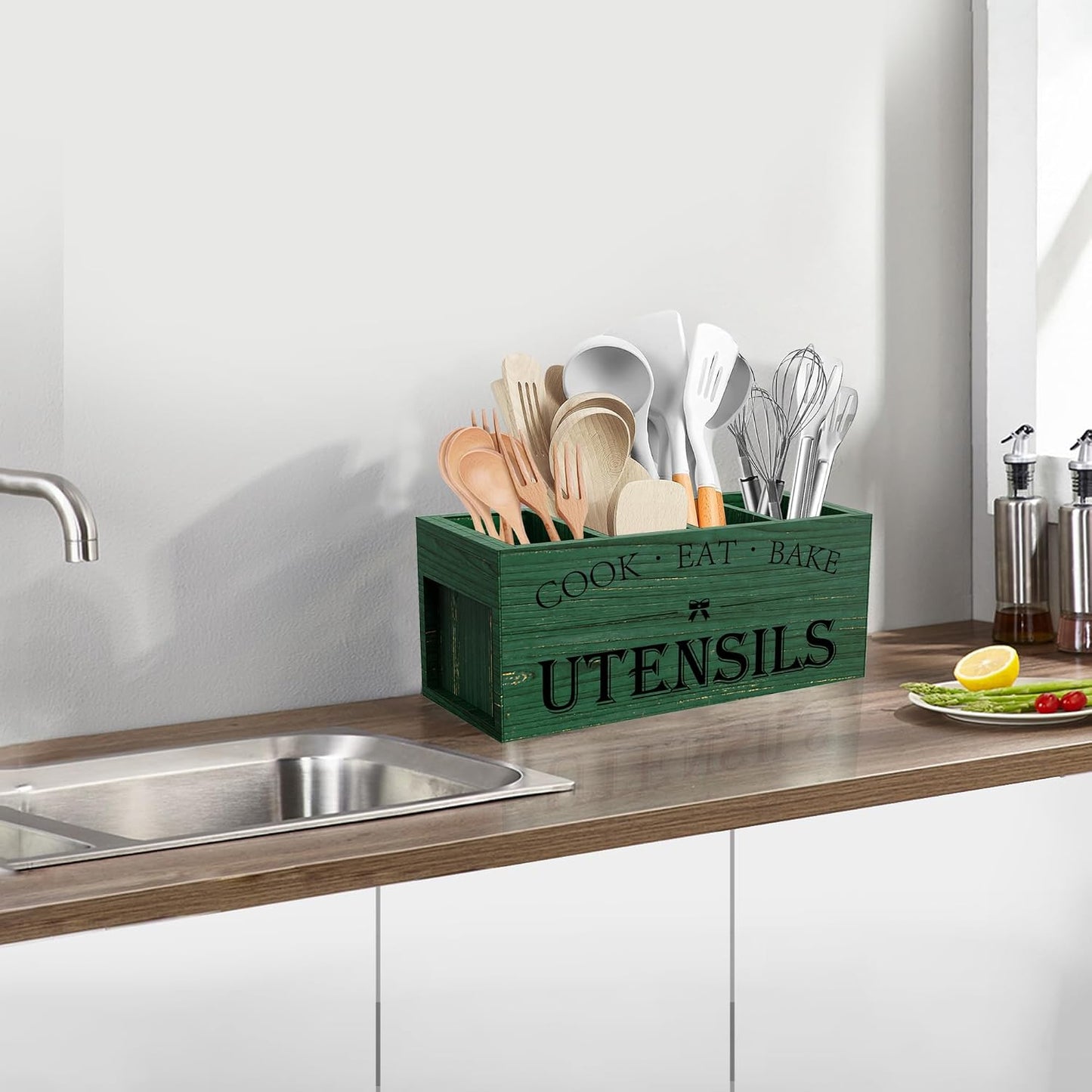 Extra Large Utensil Holder Countertop for Kitchen Counter,Acacia Wood | Hold 40 Utensils,4 Removable Divider,Rutic Silverware Organizer Caddy,Spacesaving,Farmhouse Cooking Crock for Spatula,Spoon